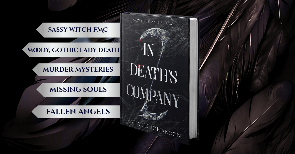 Book titled 'In Death's Company' by Natalie Johanson with dark cover and feather accents.