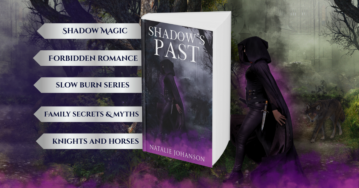 Book titled 'Shadow's Past' with a character in a hooded cloak in a forest setting, featuring genre descriptors.