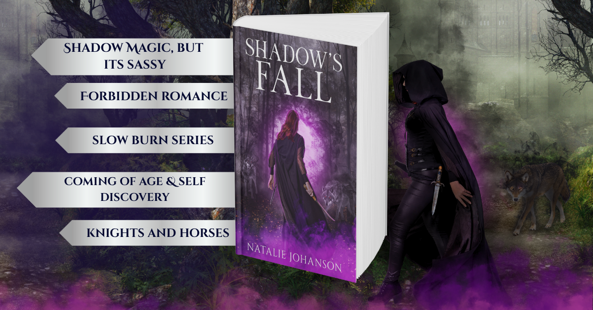 Book titled 'Shadow's Fall' with a fantasy cover and descriptive text on a dark, mystical background.