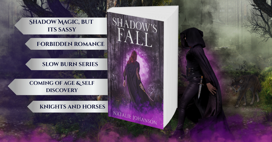 Book titled 'Shadow's Fall' with a fantasy cover and descriptive text on a dark, mystical background.
