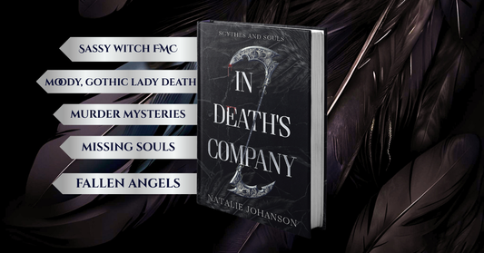 Book titled 'In Death's Company' by Natalie Johanson with dark cover and feather accents.